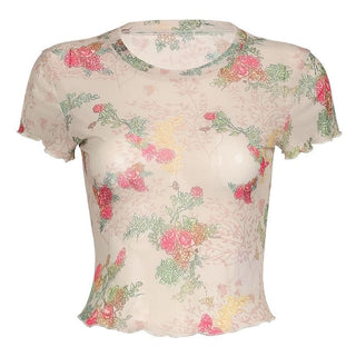 Short sleeve flower print ruffle sheer mesh top