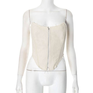 Zip-up backless corset raw hem tube top