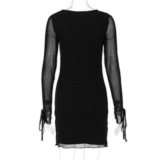 Long sleeve slit mesh square neck mini dress