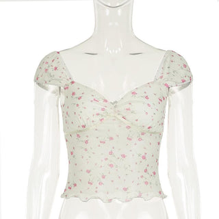 Short puff sleeve rose print lace hem ruched top