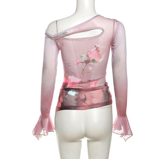 Long flared sleeve sheer mesh print top