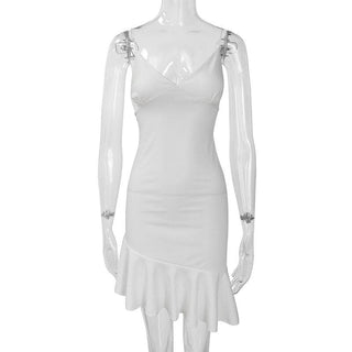 V neck ruffle backless irregular solid cami dress