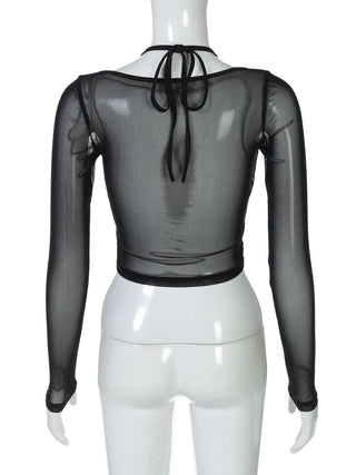 Halter long sleeve mesh lace hem button top