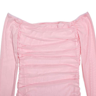 Long sleeve off shoulder ruched mesh mini dress