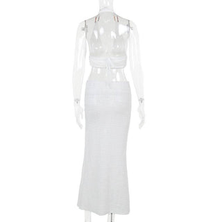 Halter hollow out slit self tie irregular cut out midi skirt set