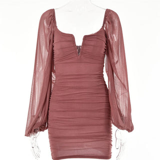 Mesh solid long sleeve ruched notch neck zip-up mini dress