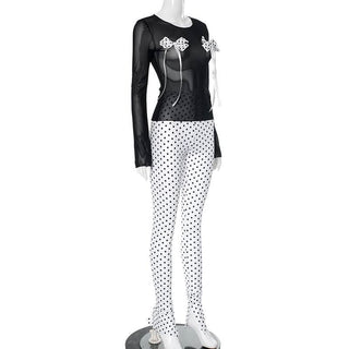 Long sleeve polka dot bowknot mesh crewneck pant set