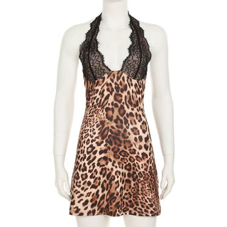 Halter leopard print backless lace mini dress