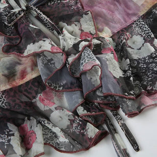 Long flared sleeve mesh abstract ruffle self tie top