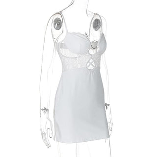 O ring lace ruched button backless cami mini dress