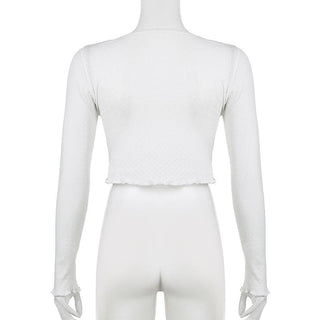 Long sleeve textured flower applique crop top