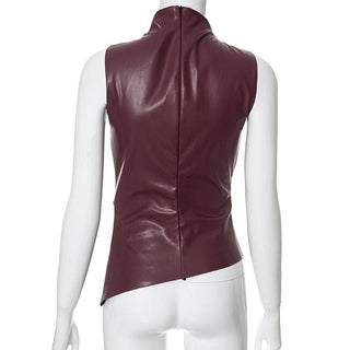 High neck zip-up PU leather irregular ruched top