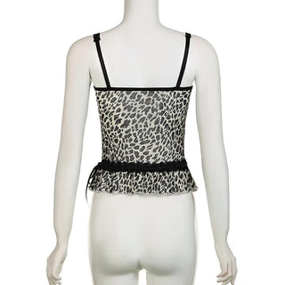 Leopard print bowknot see through mesh cami top