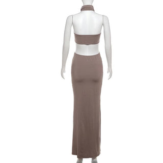 Halter ruched backless tube 2 piece maxi dress