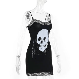 Skull print lace hem cami mini dress