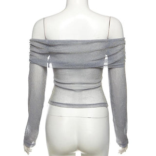 Long sleeve off shoulder flower applique glitter top