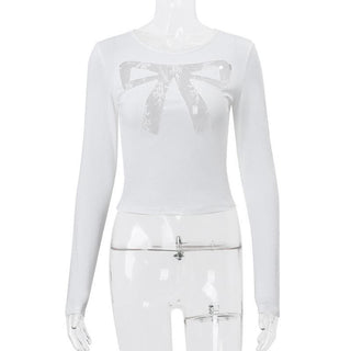 Long sleeve bowknot pattern lace mesh patchwork crewneck top