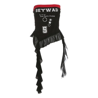 Ribbed â€œBEYWADâ€ print patchwork ruffle tube top