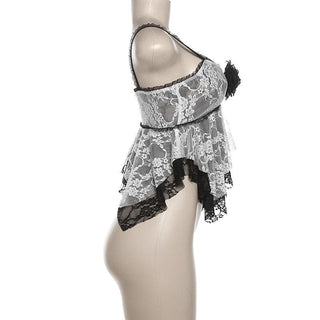 Lace patchwork flower applique ruffle cami top
