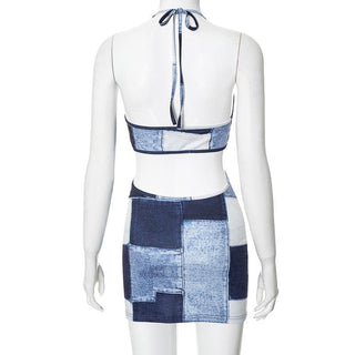 Halter patchwork denim hollow out cut out mini dress
