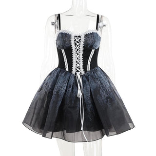 Lace hem sweetheart neck lace up print ruched cami mini dress