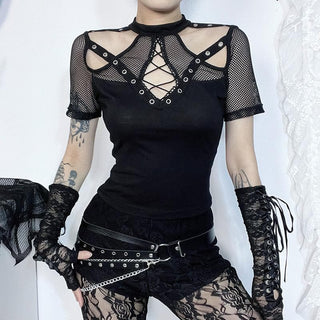 Short sleeve fishnet hollow out patchwork cut out top
