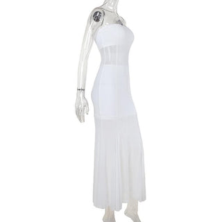 Mesh patchwork solid stitch tube maxi dress