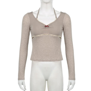 Long sleeve halter bowknot lace hem top