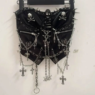 Zip-up rivet metal chain skull zip-up tube top