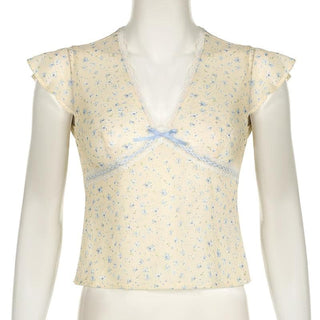 Cap sleeve v neck print bowknot lace hem top