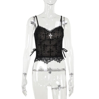 Leopard print cross pattern bowknot lace cami top