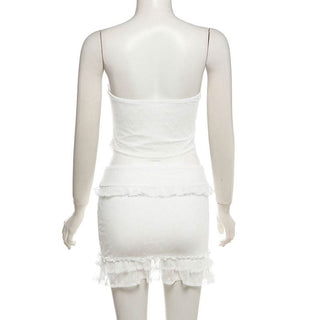 Lace hem backless ruffle tube mini skirt set