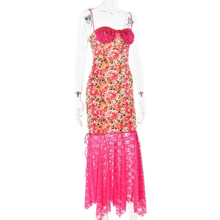 Lace patchwork ruffle knotted print cami midi dress