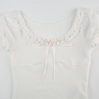 Short puff sleeve bowknot ruffle ribbed top