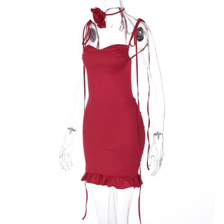 Rose applique ruched ruffle knotted cami mini dress