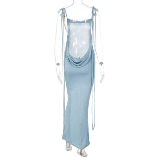 Cowl neck backless self tie solid ruched maxi dress