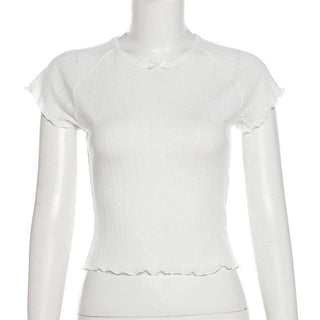 Short sleeve textured bowknot ruffle top