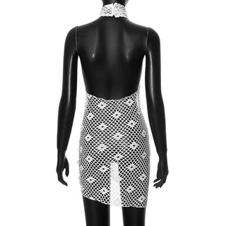 Halter knitted fishnet see through irregular mini dress