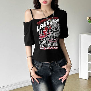 Irregular short sleeve hollow out letter print cut out top