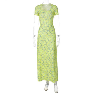 U neck flower print lace up maxi dress