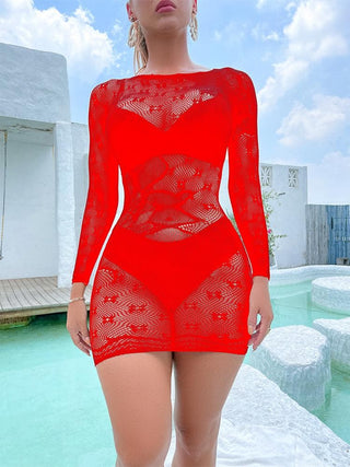 Long sleeve crewneck fishnet pattern mini dress