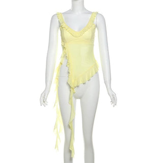 U neck ruffle slit sheer mesh solid cami top
