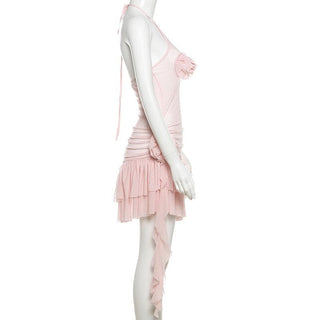 Halter sheer mesh ruffle flower applique mini dress