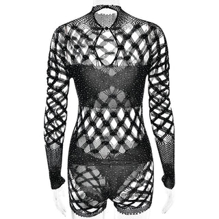 Long sleeve hollow beaded fishnet romper