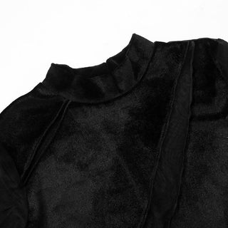 High neck mesh velvet patchwork long sleeve crop top