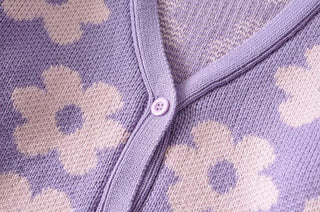 V neck flower pattern button knitted contrast long sleeve cardigan top