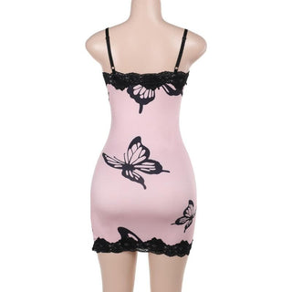 Lace hem butterfly print slit cami mini dress