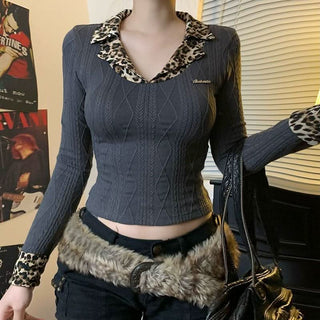 Long sleeve leopard print turnover collar textured top