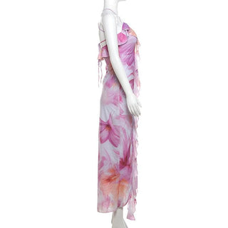 U neck print ruffle high slit cami midi dress