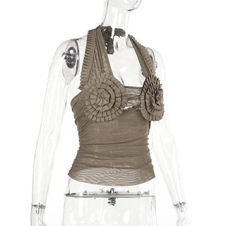 Halter pleated hollow out ruched mesh backless cut out top